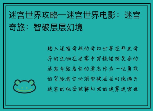 迷宫世界攻略—迷宫世界电影：迷宫奇旅：智破层层幻境